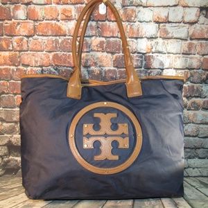 Tory Burch Navy Blue Nylon & Brown Leather Tote